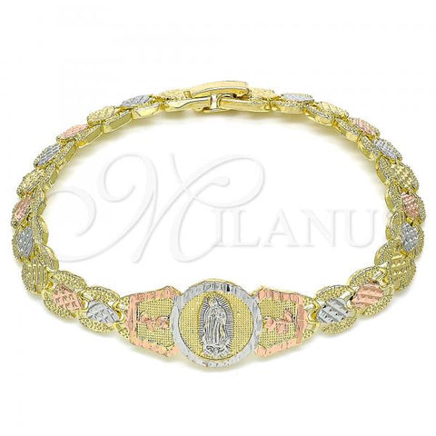 Oro Laminado Fancy Bracelet, Gold Filled Style Guadalupe and Flower Design, Diamond Cutting Finish, Tricolor, 03.380.0097.07