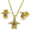 Oro Laminado Earring and Pendant Adult Set, Gold Filled Style Turtle Design, with Ruby and White Cubic Zirconia, Polished, Golden Finish, 10.196.0174