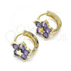 Oro Laminado Huggie Hoop, Gold Filled Style Flower and Star Design, with Amethyst Cubic Zirconia, Polished, Golden Finish, 02.210.0611.2.12