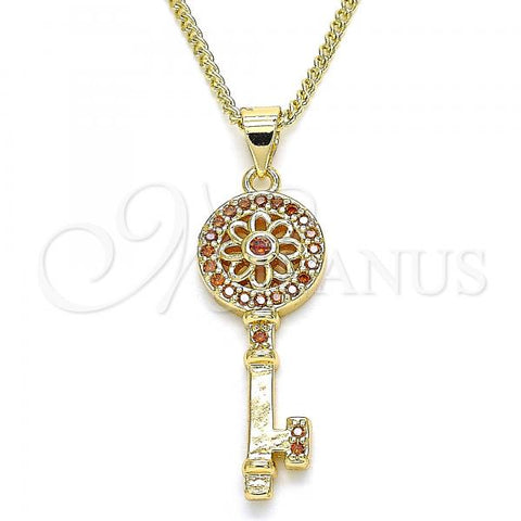 Oro Laminado Pendant Necklace, Gold Filled Style key and Flower Design, with Garnet Micro Pave, Polished, Golden Finish, 04.344.0006.1.20