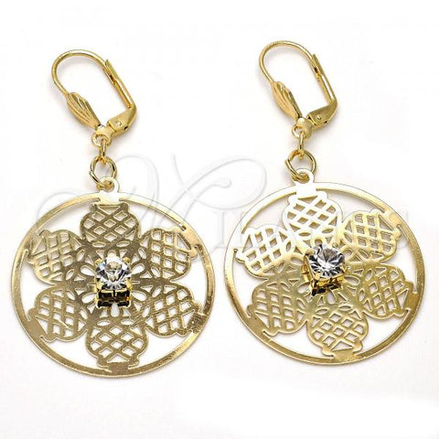 Oro Laminado Dangle Earring, Gold Filled Style Flower Design, with White Crystal, Polished, Golden Finish, 69.004