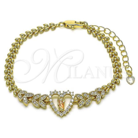 Oro Laminado Fancy Bracelet, Gold Filled Style San Judas and Heart Design, with White Cubic Zirconia, Polished, Tricolor, 03.411.0017.1.07