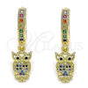 Oro Laminado Huggie Hoop, Gold Filled Style Owl Design, with Multicolor Micro Pave, Polished, Golden Finish, 02.381.0043.15