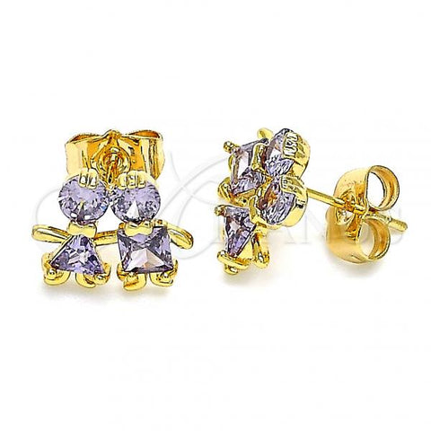 Oro Laminado Stud Earring, Gold Filled Style Little Boy and Little Girl Design, with Amethyst Cubic Zirconia, Polished, Golden Finish, 02.387.0021.3