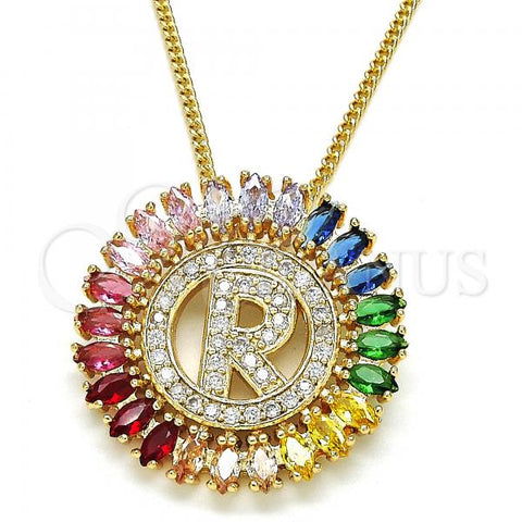 Oro Laminado Pendant Necklace, Gold Filled Style Initials Design, with Multicolor Cubic Zirconia, Polished, Golden Finish, 04.210.0020.1.20