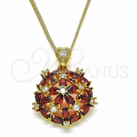 Oro Laminado Pendant Necklace, Gold Filled Style Flower Design, with Garnet and White Cubic Zirconia, Polished, Golden Finish, 04.346.0009.20