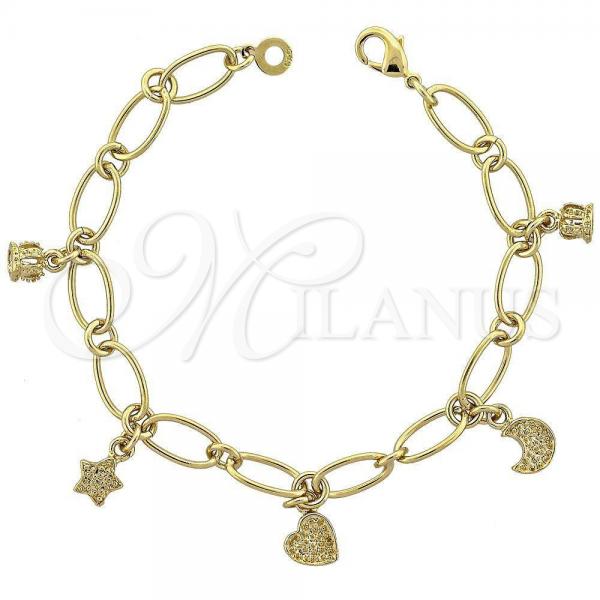 Oro Laminado Charm Bracelet, Gold Filled Style Crown Design, Diamond Cutting Finish, Golden Finish, 5.025.002