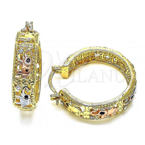Oro Laminado Medium Hoop, Gold Filled Style Elephant Design, with White and Black Crystal, Polished, Tricolor, 02.380.0101.30