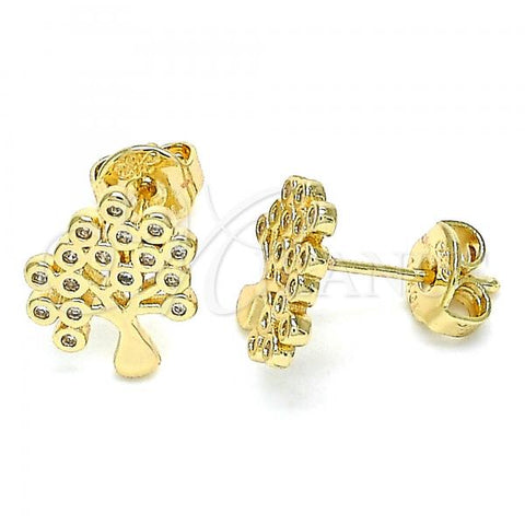 Oro Laminado Stud Earring, Gold Filled Style Tree Design, with White Micro Pave, Polished, Golden Finish, 02.156.0452