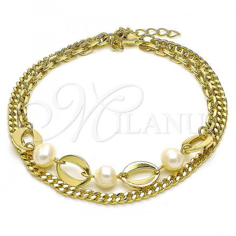 Oro Laminado Fancy Bracelet, Gold Filled Style Lips and Miami Cuban Design, with Ivory Pearl, Polished, Golden Finish, 03.213.0204.07
