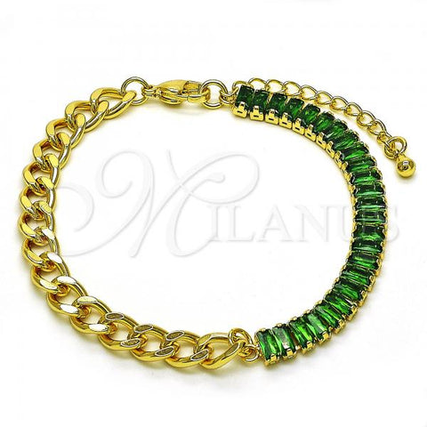 Oro Laminado Fancy Bracelet, Gold Filled Style Miami Cuban Design, with Green Cubic Zirconia, Polished, Golden Finish, 03.341.0190.07