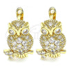 Oro Laminado Leverback Earring, Gold Filled Style Owl Design, with White Micro Pave, Polished, Golden Finish, 02.210.0439