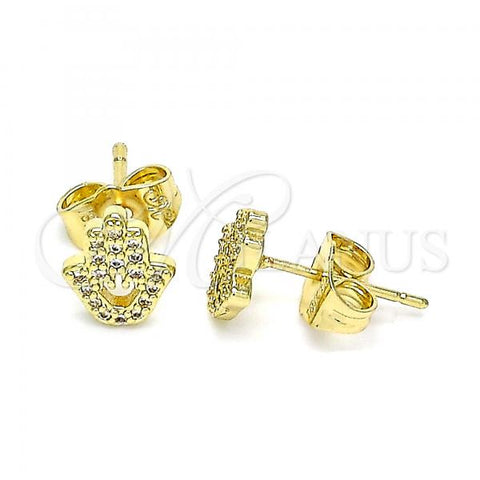 Oro Laminado Stud Earring, Gold Filled Style Hand of God Design, with White Micro Pave, Polished, Golden Finish, 02.156.0604