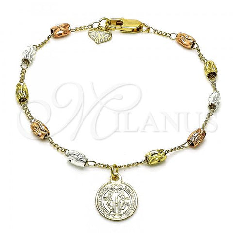 Oro Laminado Charm Bracelet, Gold Filled Style San Benito Design, Diamond Cutting Finish, Tricolor, 03.351.0158.08