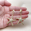 Oro Laminado Dangle Earring, Gold Filled Style Shell and Star Design, Diamond Cutting Finish, Golden Finish, 02.163.0390