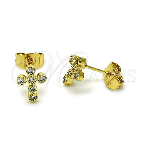 Oro Laminado Stud Earring, Gold Filled Style Cross Design, with White Cubic Zirconia, Polished, Golden Finish, 02.213.0602