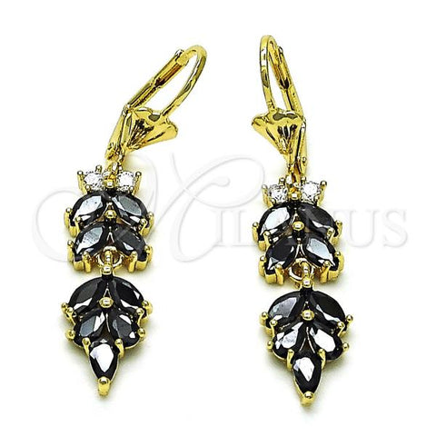 Oro Laminado Long Earring, Gold Filled Style Leaf Design, with Black and White Cubic Zirconia, Polished, Golden Finish, 02.210.0841.1
