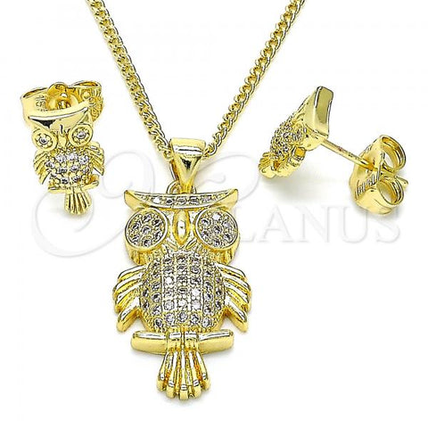 Oro Laminado Earring and Pendant Adult Set, Gold Filled Style Owl Design, with White Micro Pave, Polished, Golden Finish, 10.156.0389