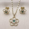 Oro Laminado Earring and Pendant Adult Set, Gold Filled Style Flower Design, with Green and White Cubic Zirconia, Polished, Golden Finish, 10.196.0167