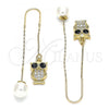 Oro Laminado Threader Earring, Gold Filled Style Owl Design, with Black and White Micro Pave, Polished, Golden Finish, 02.210.0347