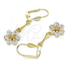 Oro Laminado Long Earring, Gold Filled Style Flower Design, with White Cubic Zirconia, Polished, Golden Finish, 02.387.0050