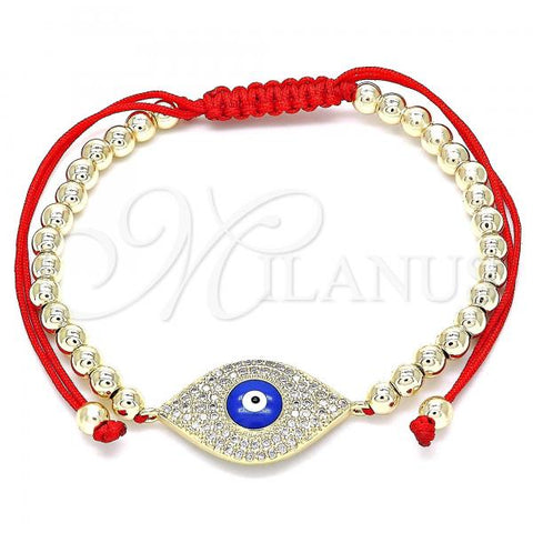 Oro Laminado Adjustable Bolo Bracelet, Gold Filled Style Evil Eye and Ball Design, with White Micro Pave, Blue Enamel Finish, Golden Finish, 03.299.0061.11