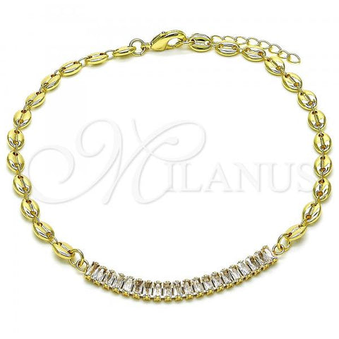 Oro Laminado Fancy Anklet, Gold Filled Style Puff Mariner and Baguette Design, with White Cubic Zirconia, Polished, Golden Finish, 03.130.0013.10