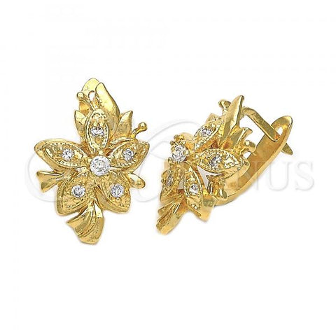 Oro Laminado Leverback Earring, Gold Filled Style Flower Design, with Dark Champagne Cubic Zirconia, Polished, Golden Finish, 02.21.0247