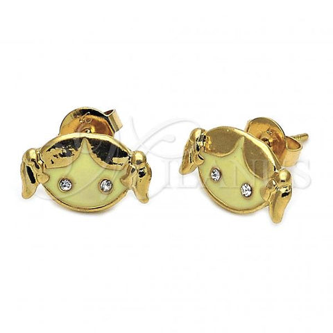 Oro Laminado Stud Earring, Gold Filled Style Little Girl Design, with White Crystal, Yellow Enamel Finish, Golden Finish, 02.64.0206 *PROMO*