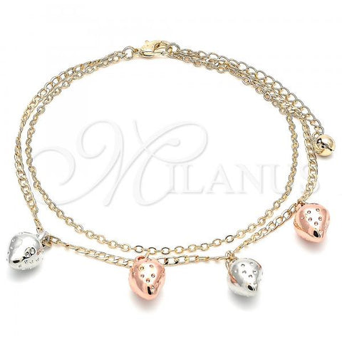 Oro Laminado Charm Anklet , Gold Filled Style Strawberry Design, Polished, Tricolor, 03.331.0066.10