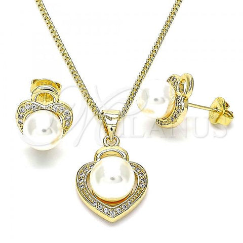 Oro Laminado Earring and Pendant Adult Set, Gold Filled Style Lock Design, with White Micro Pave and Ivory Pearl, Polished, Golden Finish, 10.156.0426