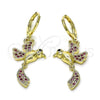 Oro Laminado Long Earring, Gold Filled Style Bird Design, with Ruby Micro Pave, Polished, Golden Finish, 02.196.0103
