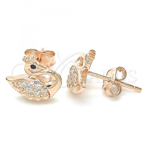 Sterling Silver Stud Earring, Swan Design, with Black and White Cubic Zirconia, Polished, Rose Gold Finish, 02.336.0149.1