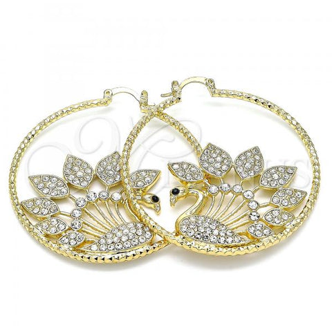 Oro Laminado Large Hoop, Gold Filled Style Peacock Design, with White and Black Crystal, Diamond Cutting Finish, Golden Finish, 02.380.0046.1.50