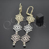 Oro Laminado Long Earring, Gold Filled Style Filigree Design, with White Cubic Zirconia, Diamond Cutting Finish, Tricolor, 5.097.001