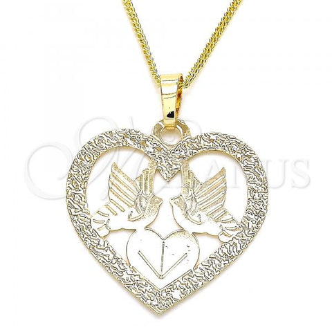 Oro Laminado Pendant Necklace, Gold Filled Style Heart and Bird Design, Polished, Golden Finish, 04.106.0060.1.20