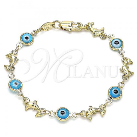 Oro Laminado Fancy Bracelet, Gold Filled Style Evil Eye and Dolphin Design, Turquoise Resin Finish, Golden Finish, 03.326.0009.3.06