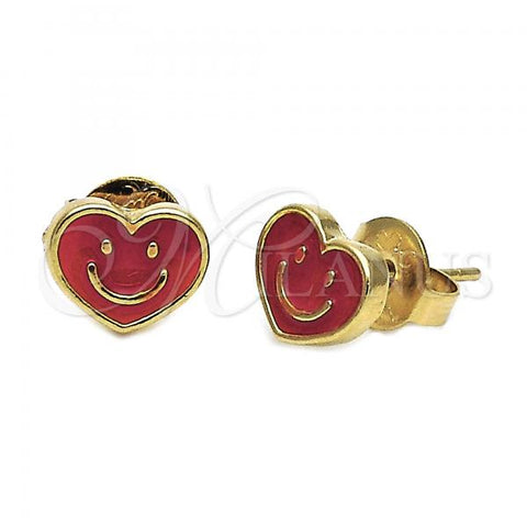 Oro Laminado Stud Earring, Gold Filled Style Heart and Smile Design, Red Enamel Finish, Golden Finish, 02.64.0236 *PROMO*
