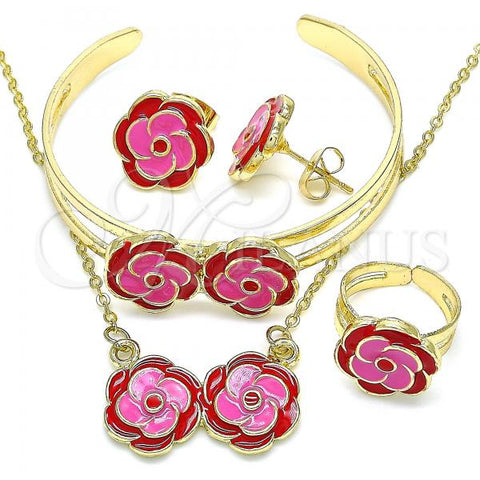 Oro Laminado Necklace, Bracelet, Earring and Ring, Gold Filled Style Flower Design, Red Enamel Finish, Golden Finish, 06.361.0037