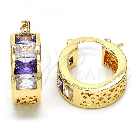 Oro Laminado Small Hoop, Gold Filled Style with Amethyst and White Cubic Zirconia, Polished, Golden Finish, 02.185.0001.5.20