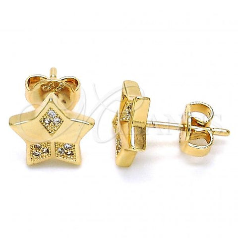 Oro Laminado Stud Earring, Gold Filled Style Star Design, with White Micro Pave, Polished, Golden Finish, 02.156.0305