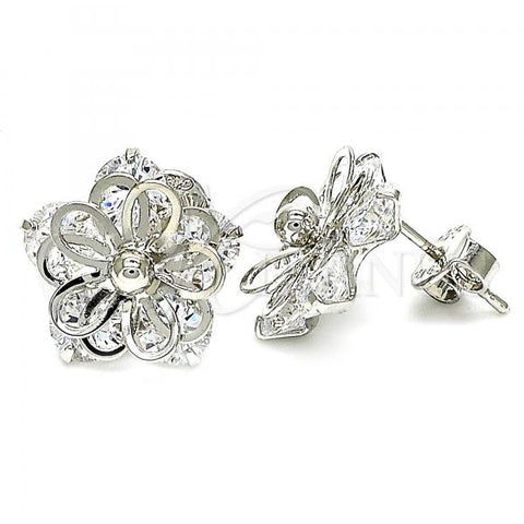 Rhodium Plated Stud Earring, Flower Design, with White Cubic Zirconia, Polished, Rhodium Finish, 02.106.0022.1