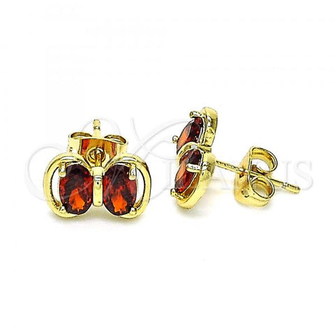 Oro Laminado Stud Earring, Gold Filled Style Bow Design, with Garnet Cubic Zirconia, Polished, Golden Finish, 02.213.0361.1