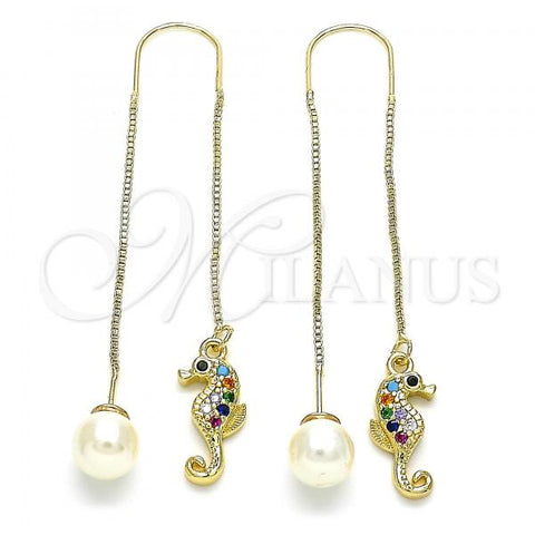 Oro Laminado Threader Earring, Gold Filled Style with Multicolor Micro Pave, Polished, Golden Finish, 02.210.0506.1