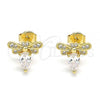 Oro Laminado Stud Earring, Gold Filled Style Bee Design, with White Cubic Zirconia and White Micro Pave, Polished, Golden Finish, 02.156.0613