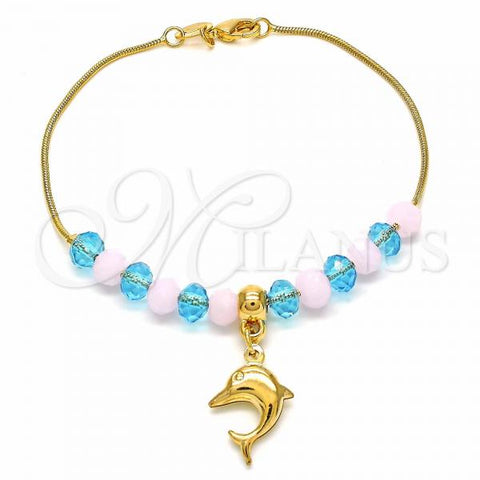 Oro Laminado Charm Bracelet, Gold Filled Style Dolphin and Snake Design, with Pink Opal and Aquamarine Crystal, Polished, Golden Finish, 03.32.0222.07