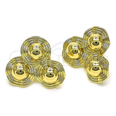 Oro Laminado Stud Earring, Gold Filled Style Sun and Flower Design, Diamond Cutting Finish, Golden Finish, 02.213.0673