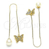 Oro Laminado Threader Earring, Gold Filled Style Butterfly Design, with White Micro Pave, Polished, Golden Finish, 02.210.0543