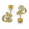Oro Laminado Stud Earring, Gold Filled Style Moon and Star Design, with Cubic Zirconia, Polished, Golden Finish, 02.09.0168