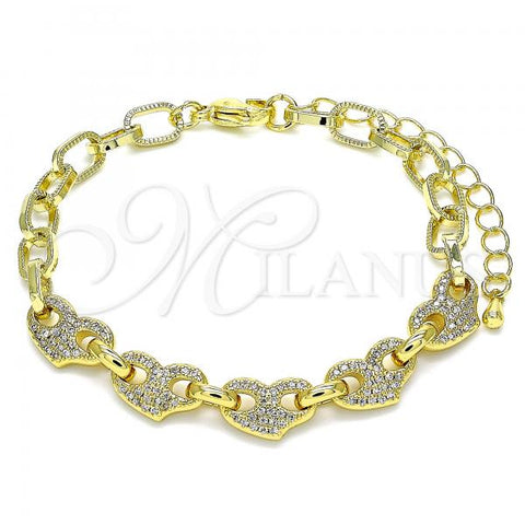 Oro Laminado Fancy Bracelet, Gold Filled Style Heart and Paperclip Design, with White Micro Pave, Polished, Golden Finish, 03.341.0123.07